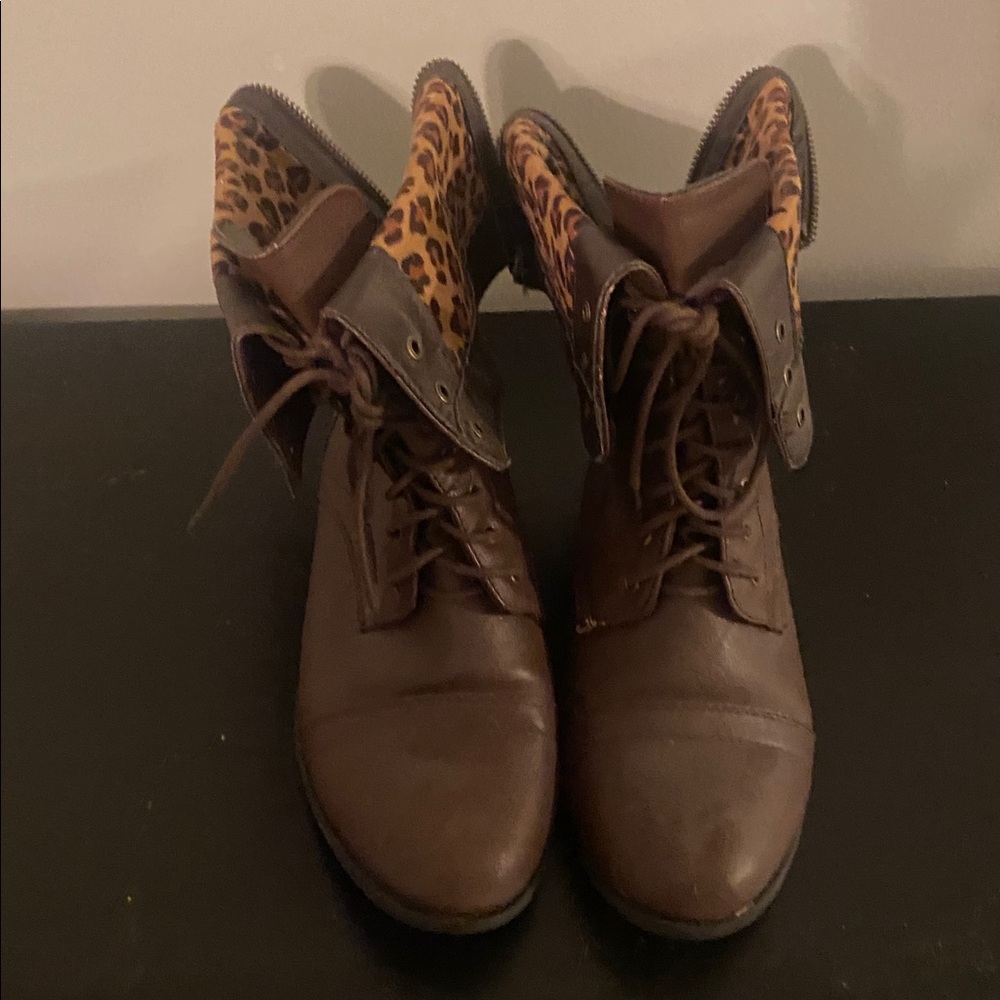 Brown Lace-Up Boots with Leopard Print
